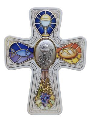 CRUZ  SOBREMESA MOTIVOS DE COMUNIÓN Y MEDALLÓN EUCARISTÍA  9,5X13CM