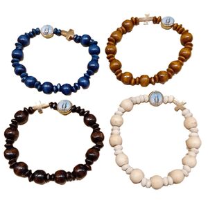 PULSERA ROSARIO MADERA CRUZ DORADA Y VIRGEN MILAGROSA