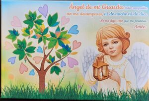 LIENZO 30X20 ANGEL CON LÁMPARA Y ORACIÓN: ANGEL DE MI GUARDA...