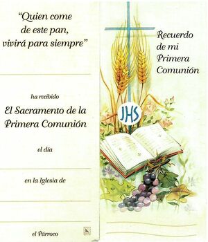 TARJETA RECUERDO PRIMERA COMUNION  7X16 CM ESPIGAS LIBRO Y RECIMO
