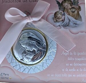 MEDALLON CUNA ROSA METAL DIAMANTADO VIRGEN PLATA 8CM