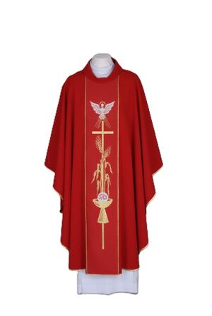 CASULLA ESPIRITU SANTO ROJA CON CÁLIZ Y ESPIGAS